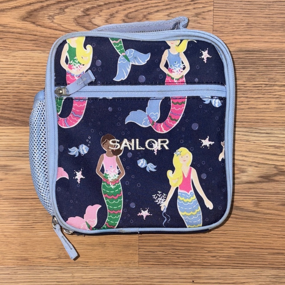 Pottery Barn Mermaid Print Lunch Bag with water bottle holder on side. Sailor